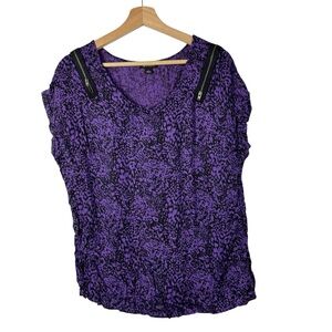 I Heart Ronson Purple Y2K Animal Print Zip Shoulder Short Sleeve Top L